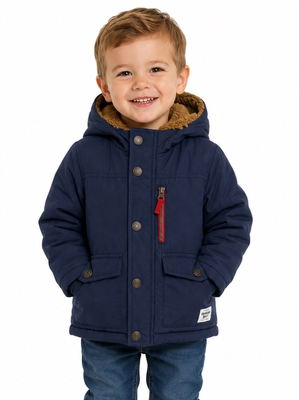 OshKosh B'gosh Navy Blue Hooded Puffer Jacket with Brown Faux-Fur Lining